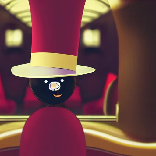 Prompt: a sentient radish wearing a top hat and monocle, greets travellers on a lavish train, realistic rendering