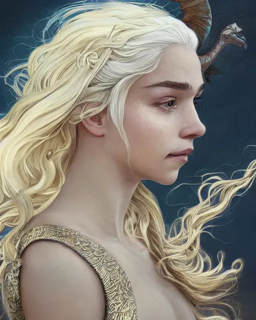 Prompt: closeup portrait of happy beautiful daenerys targaryen leaning against dragons, long blonde windblown hair and dragonskin armor, standing on a ledge of a mountain, glamour pose, detailed illustration, digital art, trending on artstation, soft ambient lighting, volumetric lighting, rim lighting, yoshitaka amano, daniel merriam, alphonse mucha, arney freytag