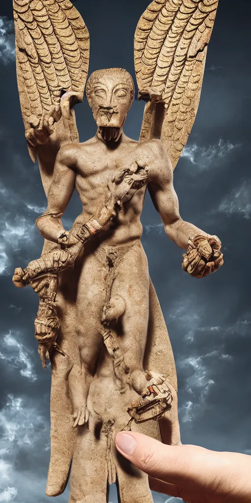 Image similar to enlil sumerian god, holding a strobilus in his left hand, wings, unreal 5, hyperrealistic, realistic, photorealistic, dynamic lighting, highly detailed, cinematic landscape, studio landscape, studio lighting