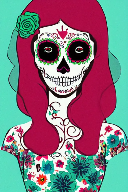 Prompt: Illustration of a sugar skull day of the dead girl, art by Tatsuro Kiuchi