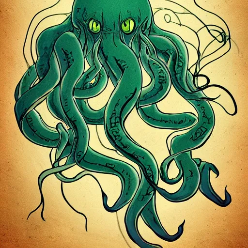 Prompt: A portrait of cthulhu, soft lighting, lovecraft, cool tones, cosmic horror, anime, in the style of studio ghibli, smooth