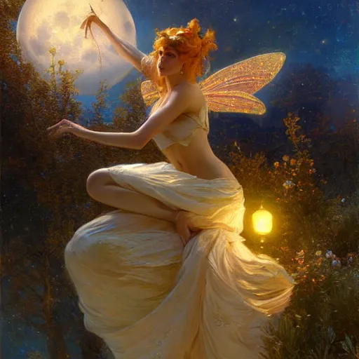 Image similar to attractive fairy magically floating high in the night, fantasy, full moon in background. highly detailed painting by gaston bussiere, craig mullins, j. c. leyendecker, mid shot, 8 k realistic, cryengine, frostbite 3 engine, sharp focus