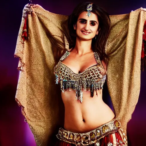 Image similar to a full body shot of penelope cruz as a belly dancer, arabian night, high quality, fully detailed, 4 k