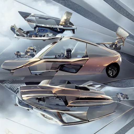 Image similar to parking several flying cars: center composition, cars portraits, futuristic flyers, digital billboards, ground view, motherboard forms designed by zaha hadid, sci-fi futuristic ultra realistic photography, keyshot render, octane render, unreal engine 5 lumen, high oiled liquid glossy specularity reflections, ultra detailed, golden hour, dramatic lighting 4k, 8k, 16k in the style ofblade runner 2049 Cyberpunk 2077 ghost in the shell thor 2 marvel film : tilt shift: sharp focus