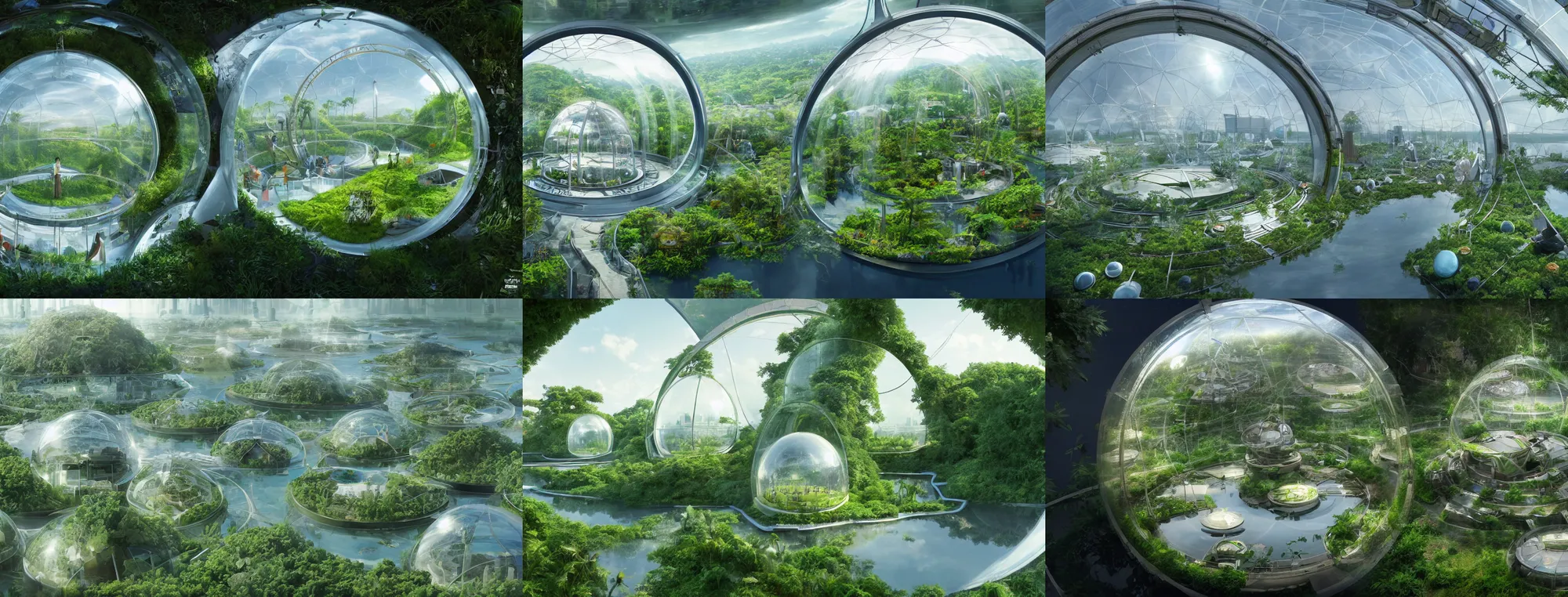 Prompt: ecological martian city inside a glass dome with huge lake with crowded paths, white glass domes near it, green lush vegetation, hyperdetailed, artstation, cgsociety, 8 k