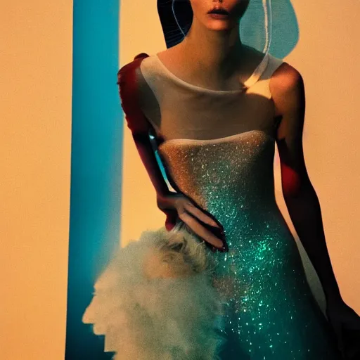 Image similar to Fashion photography of a woman wearing a Gucci dress in a futuristic style, artistic photography, insanely detailed, chiaroscuro, cinestill 800t, Vogue magazine