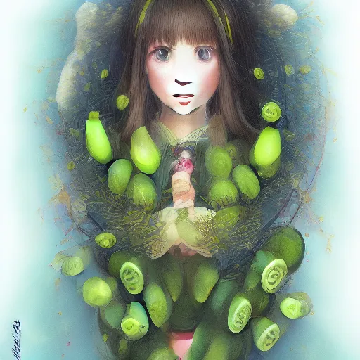 Prompt: the portrait of an unbelievably beautiful, elegant and cute japanese teen girl partially made of cucumbers looking up, an ultrafine detailed illustration by james jean, intricate linework, bright colors, final fantasy, behance contest winner, vanitas, angular, altermodern, unreal engine 5 highly rendered, global illumination, radiant light, detailed and intricate environment