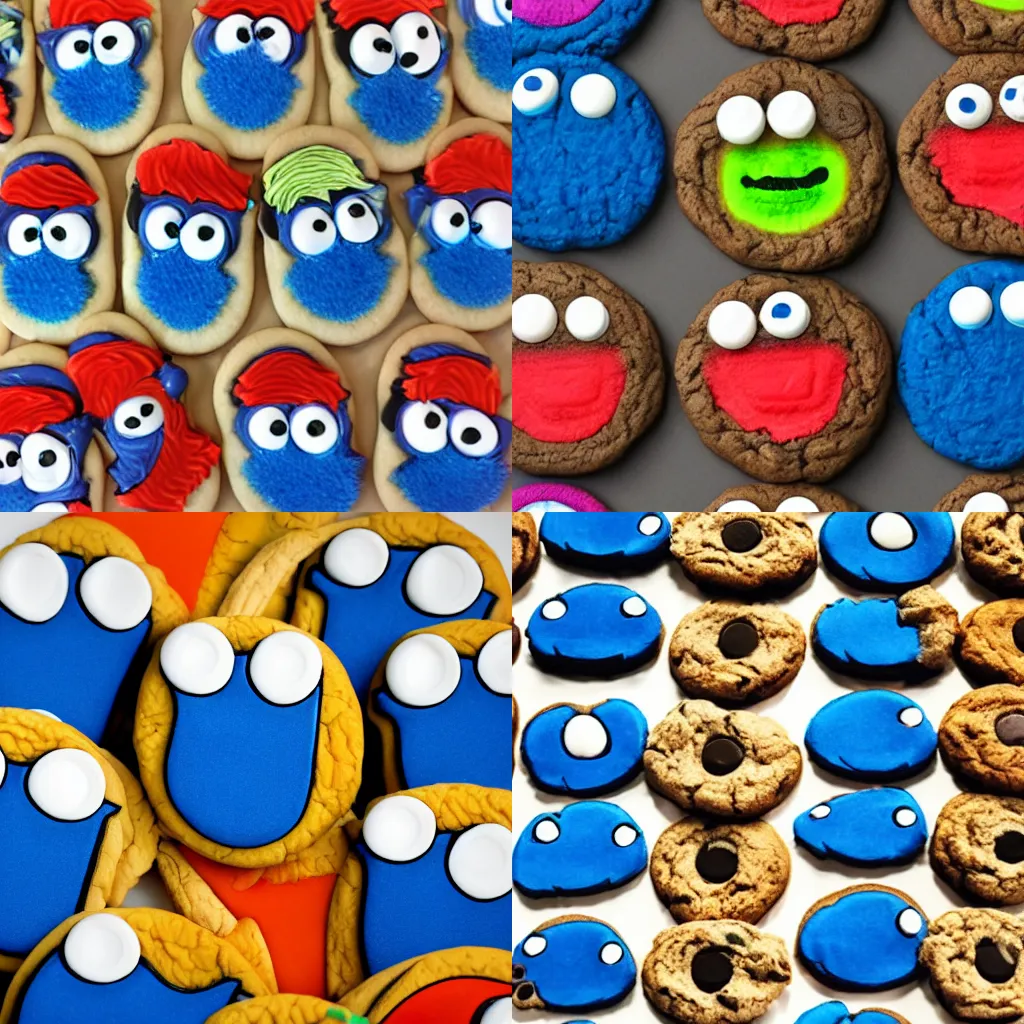 Prompt: cookie monster taking multicolored pills