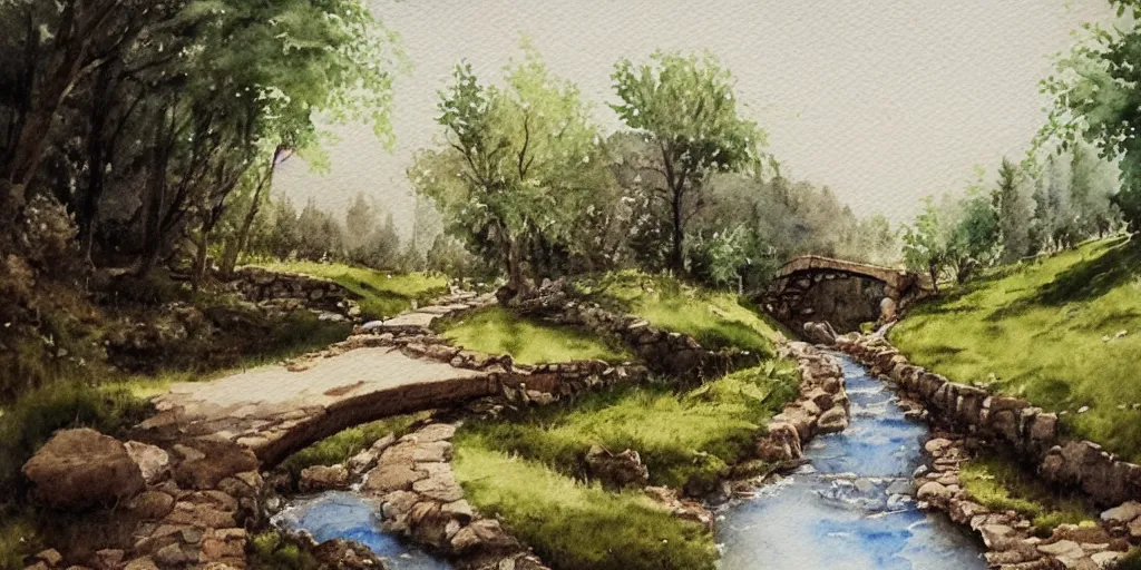 Prompt: medieval path in the countryside, crossing a small river with a small bridge, exquisite masterpiece watercolor painting, trending on artstation