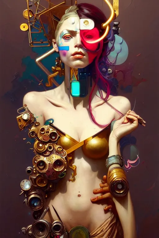 Image similar to portrait, patchwork doll, cyberpunk, elegant baroque, asymmetrical art, hyperrealism, colorful, vivid, imposing, epic, abstract texture, gold leaf texture, artstation, concept art, by peter mohrbacher and wlop and rhads and artgerm and magali villeneuve and alphonse mucha