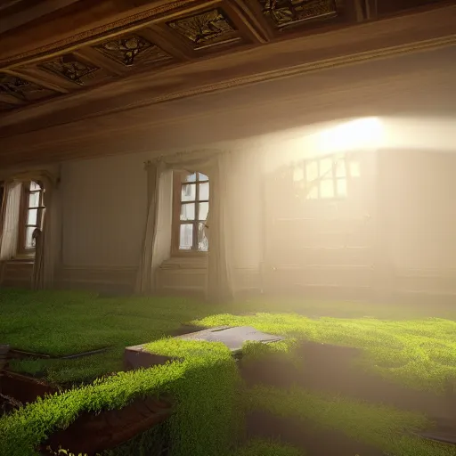 Prompt: inside a victorian dining room roof is damaged and moss is growing on the erroded walls sunlight shines through the windows and produces rays of light in the dust ray traced unreal 5, ultra details