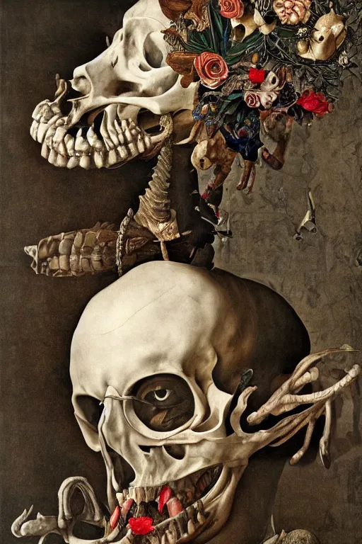 Prompt: Detailed maximalist portrait a man lying on bed with large lips and with large white eyes, exasperated expression, botany bones, HD mixed media, 3D collage, highly detailed and intricate, surreal illustration in the style of Caravaggio, dark art, baroque