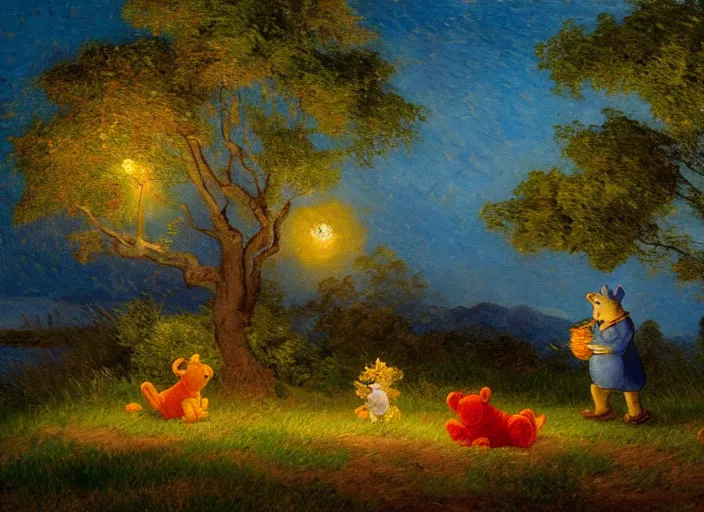 Image similar to romanticism impressionism landscape painting of winnie the pooh characters at night, night time, paper lanterns, string lights, in the style of hudson river school and thomas cole and albert bierstadt and vincent van gogh