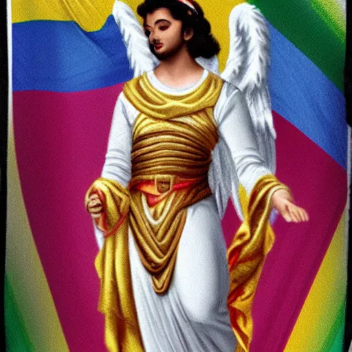 Prompt: angel moroni wearing a pride flag