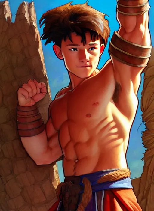 Prompt: cute muscular tom holland wearing barbarian tunic, natural lighting, path traced, highly detailed, high quality, digital painting, by don bluth and ross tran and studio ghibli and alphonse mucha, artgerm