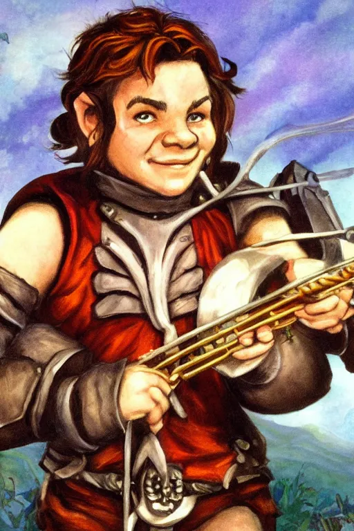 Image similar to artwork of an halfling bard in the style of everquest 1 9 9 9