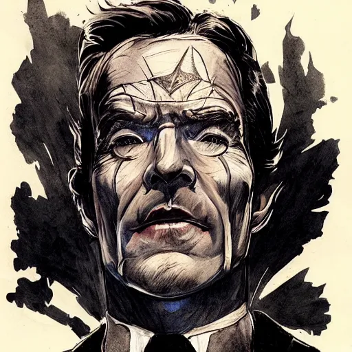 Prompt: beautiful portrait commission of a handsome Bryan Cranston as captain america in a vintage gothic style. black hair. pale skin, black makeup. character design by ralph steadman, detailed, inked, western comic book art