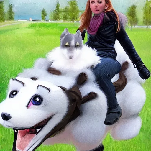 Image similar to girl riding a giant husky in the park, trending on artstation