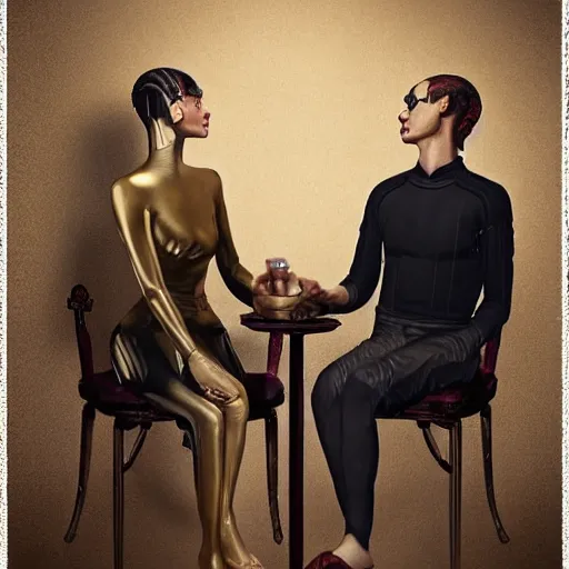 Prompt: a beautiful ultradetailed fine art old vintage couples portrait photo of cyborgs sitting on a chair and standing, by tom bagshaw and zach sutton, couples portrait, vignette, 3 5 mm lens, golden ratio composition, studio photography, very detailed, humanoids, artstation, 8 k, highly coherent