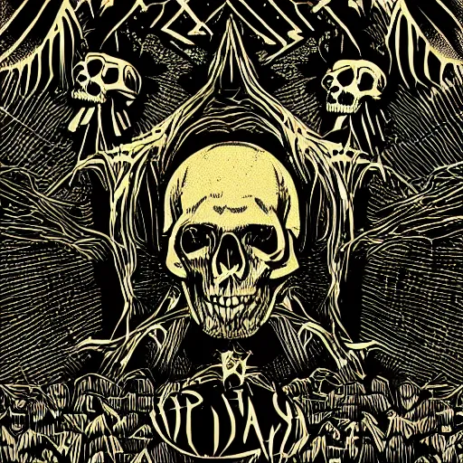 Image similar to dark death metal themed vector illustration for a record label, trees. forest, spikes, skull, microphone, skull, award winning, grunge, iconic, golden ratio