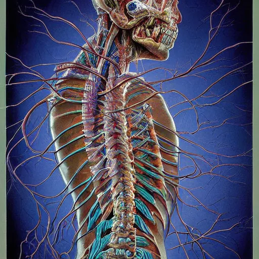 Image similar to nightmare etherreal iridescent vascular nerve bundles pearlescent spinal chord horror by naoto hattori, zdzislaw, norman rockwell, studio ghibli, anatomical cutaway