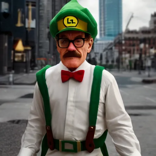 Prompt: a photo of a bryan cranston dressed as luigi from game, ultra hd, iphone, 3 0 mm, global illumination, bokeh photo