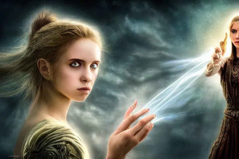 Image similar to portrait of young woman with the power of a god. photo - realistic hd, hyperrealism, magical, highly detailed, cinematic, luminescence, 3 2 k, dop, high contrast, intricate, mystery, epic, fantasy. by tim burton