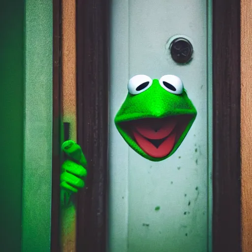 Image similar to street photography picture of kermit the frog sleeping in the doorway of an oppressive evil building. fugifilm 4 k