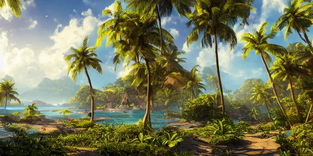 Prompt: a hyper realistic professional photographic view picture of a tropical island, photographic filter unreal engine 5 realistic hyperdetailed 8k ultradetail cinematic concept art volumetric lighting, fantasy artwork, very beautiful scenery, very realistic painting effect, hd, hdr, cinematic 4k wallpaper, 8k, ultra detailed, high resolution, artstation trending on artstation in the style of Albert Dros glowing rich colors powerful imagery nasa footage drone footage drone photography