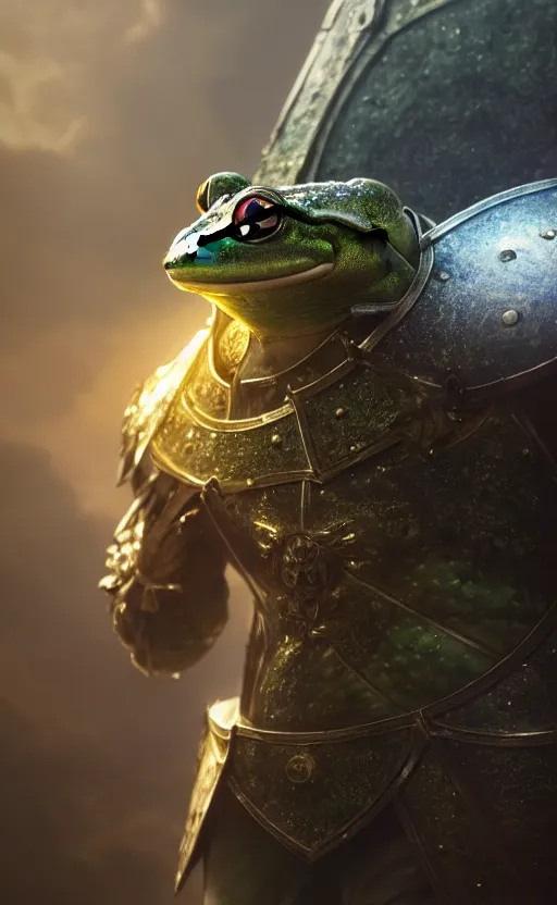 Prompt: a frog, dressed as a knight, holding a large shield, battle armor, atmospheric lighting painted intricate volumetric lighting, beautiful, sharp focus, ultra detailed by leesha hannigan, ross tran, thierry doizon, kai carpenter, ignacio fernandez rios, makoto shinkai, sharp, mindblowing, 4 k uhd, 8 k