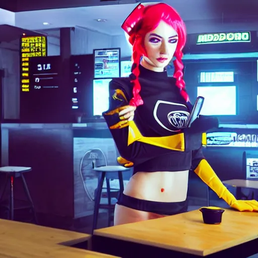 Image similar to a cute cyberpunk girl working in a mcdonaldpunk fastfood restaurant