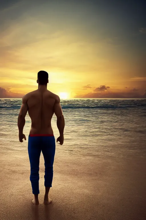 Image similar to a very muscular and defined man wearing ripped pants and shirt looking to the sea at sunset, godrays, complementary colors, natural lighting, portait image, path tracing, serene landscape, high quality, highly detailed, 8K, soft colors, warm colors, turbulent sea, high coherence, anatomically correct, hyperrealistic, concept art, defined face, five fingers, looking to the camera