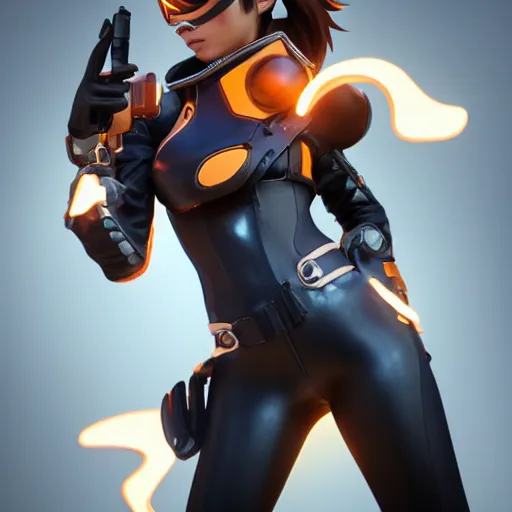 Image similar to a full body portrait of tracer from overwatch wearing skintight leather jacket, trending on artstation, artstationhd, artstationhq, full body shot, octane render, unreal engine, 3 d render detailed body, detailed face, artwork by tooth wu and wlop and beeple and greg rutkowski