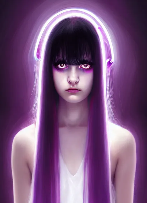 Image similar to hair whitebangs hair, black hair, whitebangs, portrait of teenage girl with white bangs, red irises, purple clothes, white bangs, bangs are different color from hair, intricate, elegant, glowing lights, highly detailed, digital painting, artstation, concept art, smooth, sharp focus, illustration, art by wlop, mars ravelo and greg rutkowski