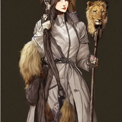 Image similar to detailed picture a woman with gray hear, using dead lion costume jacket, and holding long stick in the style of artgerm and greg rutkowski and alphonse mucha