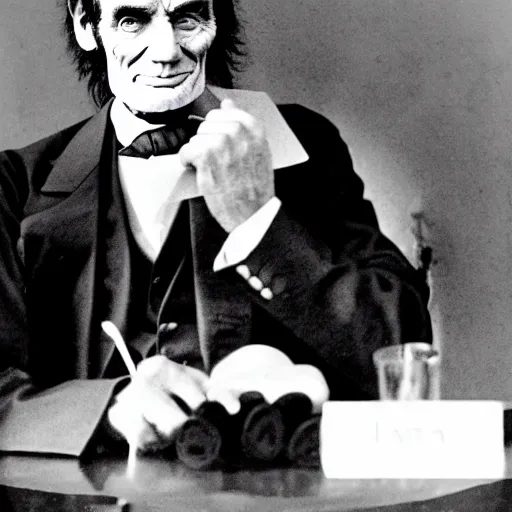 Prompt: a smiling Abraham Lincoln giving a press conference on the Richard Alva Cavett show