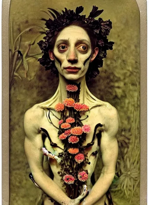 Image similar to beautiful and detailed rotten woman made of plants and carnation, chrysanthemum, tulips, muscles, intricate, organs, ornate, surreal, john constable, guy denning, gustave courbet, caravaggio, romero ressendi 1 9 1 0 polaroid photo