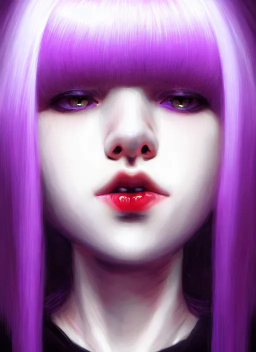 Image similar to hair whitebangs hair, black hair, blackbangswhitehair, portrait of teenage girl with white bangs, red irises, purple clothes, white bangs, bangs are different color from hair, intricate, elegant, glowing lights, highly detailed, digital painting, artstation, concept art, sharp focus, illustration, art by wlop, mars ravelo and greg rutkowski