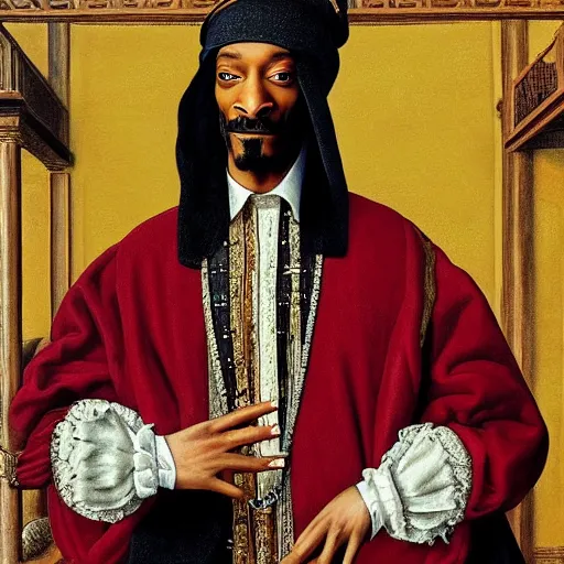 Image similar to a highly detailed portrait of snoop dogg, wearing elegant tudor clothes, inside a room with thick red tapestries, oil painting by hans holbein and alessandro allori and richard burbage