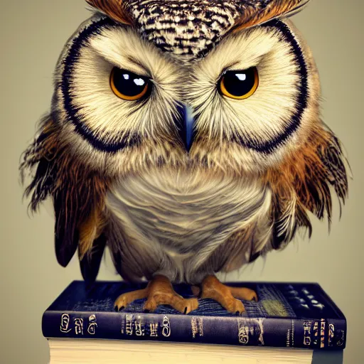 Image similar to long shot of a cute friendly owl sitting on a pile of books, by naoto hatori, by yoshita amano, by esao andrews, product photography, hyperrealistic, big depth of field, fresh colors, 3 d octane render conceptart, 4 k, highly detailed, trending on artstation