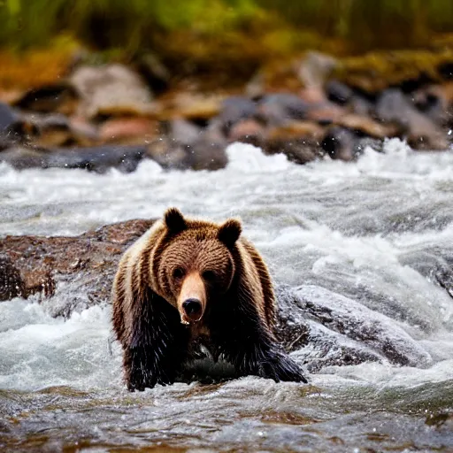 Image similar to a high quality photo closeup of a grizzly bear standing in a river. There is a salmon leaping in the air. the grizzly bear has its jaws open wide, trying to bite down and catch the salmon. Shallow depth of field.