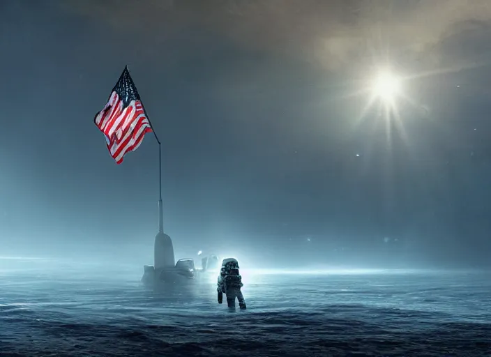 Image similar to astronaut holding a flag in an underwater desert. a submarine is visible in the distance. dark, concept art, cinematic, dramatic, atmospheric, 8 k, trending on artstation, blue, fish, low visibility, fog, ocean floor, christopher nolan, interstellar