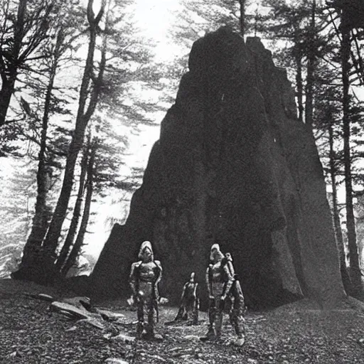 Image similar to old photograph of aliens surrounding a giant alien monolith in a haunted forest, epic composition