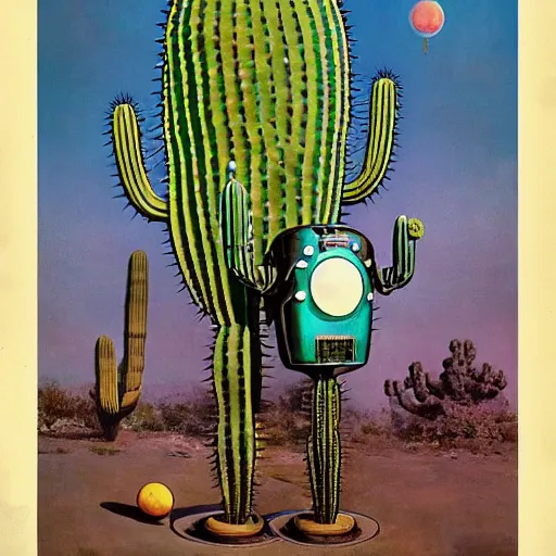 Prompt: full body shot shot of a 1950s retro Cactus robot, with space above the head. full body. Bionic cacti Arms and eyes. pop surrealism, poster art, muted colours. by Jean-Baptiste Monge, wide shot