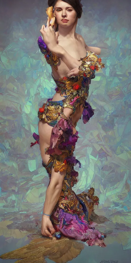 Image similar to portrait of tragedy, full body expressive pose, acrobatic, rainbow eyes, ornate frilly dress, fantasy, intricate, elegant, highly detailed, digital painting, artstation, concept art, smooth, sharp focus, illustration, art by artgerm and greg rutkowski and alphonse mucha, octane render, 3d, hyperrealistic