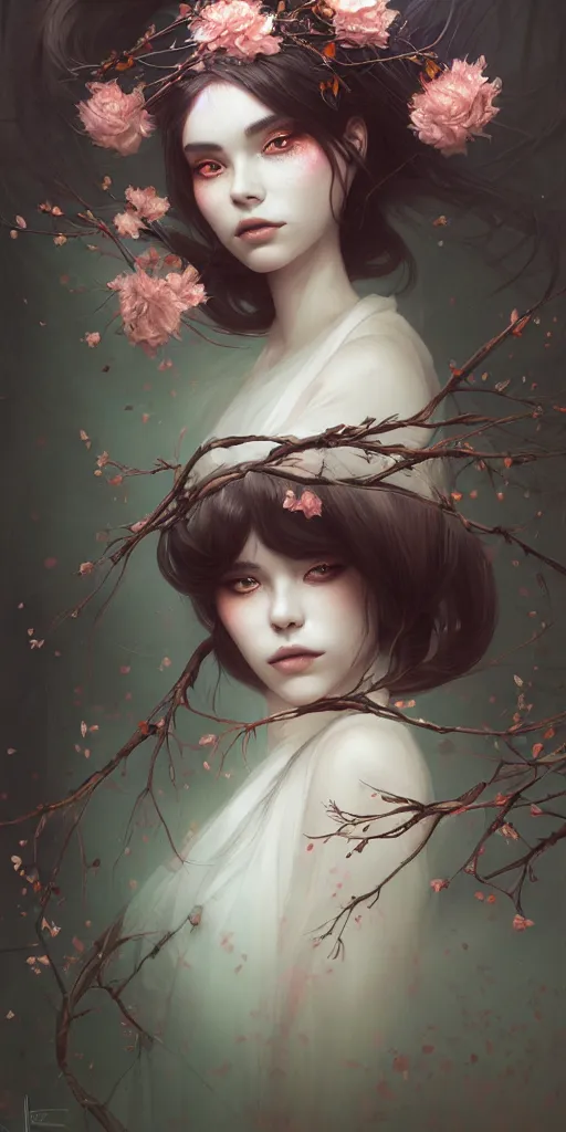 Prompt: lolita with a branches growing from her head, alterd carbon, geisha, dreamy ethereal vibe,, atmospheric, detailed intricate render, fibbonacci, detailed illustration, hd, 4 k, digital art, overdetailed art, surrealistic, by greg rutkowski, by loish, complementing colors, trending on artstation, deviantart