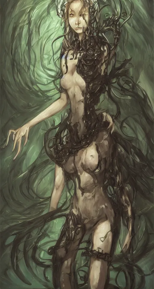 Image similar to painting of Cthulu depicted as a woman, by Ryohei Fuke, Huke, personification, featured on pixiv, dystopian, rayonism, cold hue's