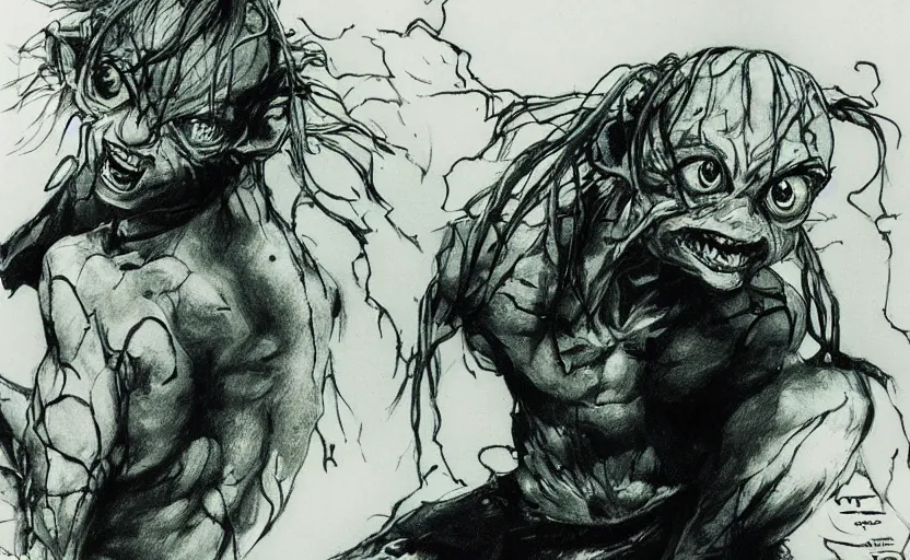 Image similar to yoji shinkawa drawing of gollum