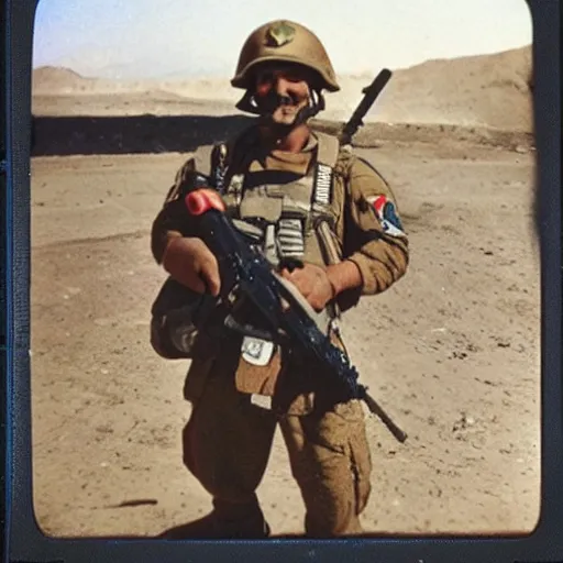 Image similar to Super Mario at Afghanistan war, old polaroid photo