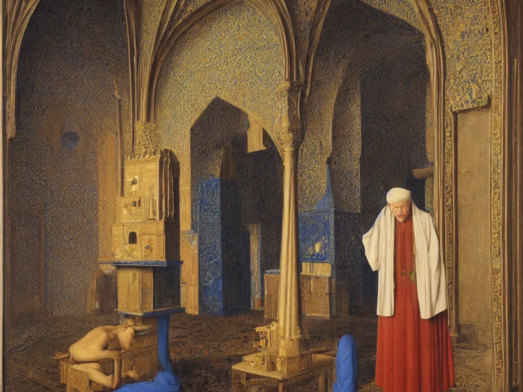 Prompt: Portrait of albino mystic with blue eyes in a mosque. Painting by Jan van Eyck, Audubon, Rene Magritte, Agnes Pelton, Max Ernst, Walton Ford